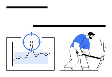 İşçi, büyüme ve hedef göstergesi içeren veri tablosunun yanına kazmayla vurdu. Veri madenciliği, analitik, üretkenlik, büyüme izleme, yenilik, hedef belirleme, soyut çizgi