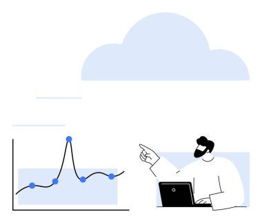 Dizüstü bilgisayardaki adam mavi noktalı bir çizgi grafiğini analiz ediyor, büyüme tekniklerini gösteriyor. İş stratejisi, veri yönetimi, bulut çözümleri, analitik içgörüler, finansal