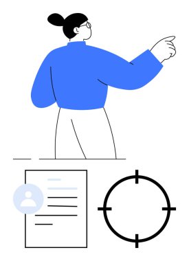 İşaret eden kişi, Avatar 'lı profil belgesi ve hedefleri temsil eden bir hedef sembol. İş stratejisi, kariyer planlaması, işe alım, kişisel kalkınma, hedef belirleme, değerlendirme için ideal