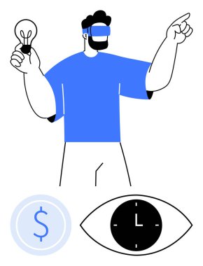 VR kulaklık takan adam yeniliği simgeleyen parlak bir ampul tutuyor. Fikirler, verimlilik, finans, anlayış, zaman geleceği görüşü için dolar sikke, saat ve göz simgeleri içerir. İdeal