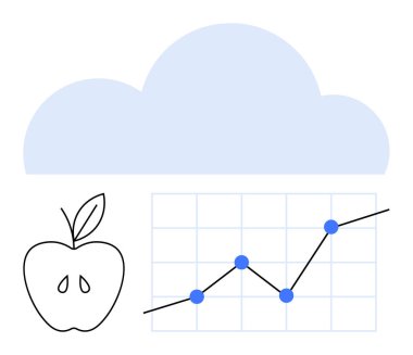 Mavi bulut, veri işaretli çizgi çizelgesi ve çizilmiş elma. Veri analizi, yenilik, teknoloji trendleri, bulut depolama, sağlık izleme eğitimi ve ilerleme için ideal. Soyut satır düzlüğü