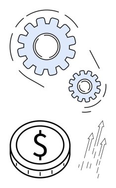 Birbirine kenetlenmiş dişliler, dolar sikkeler ve yukarı doğru oklar finansal ilerlemeyi, operasyonel verimliliği ve takım çalışmasını simgeler. Finans, iş büyümesi, üretkenlik ve ekonomik sistemler için ideal takım çalışması