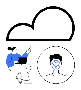 Yüz tanıma sistemi olan bir bulut, elinde dizüstü bilgisayar tutan bir kadın kullanıcı. Yapay zeka, bulut hesaplama, güvenlik, biyometrik, veri işleme, yenilik, soyut çizgi düz metaforu için ideal