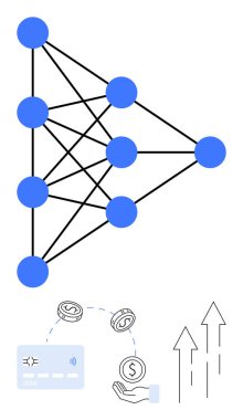 Birbirine bağlı mavi düğümlü sinirsel ağ, dijital ödeme kartı, bozuk para değişimi ve yükselen oklar. Finans, teknoloji, yapay zeka, yatırım, iş büyüme bankacılık verileri için ideal