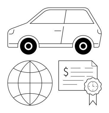 Araba silueti, küre ve mühür ve dolar işaretli sertifika. Küresel ticaret, otomotiv endüstrisi, seyahat, sertifika, uluslararası işletme eğitimi için ideal. Soyut