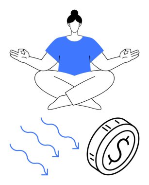 Yoga pozisyonunda meditasyon yapan biri, etrafı düşen oklarla ve bir dolar parayla çevrili. Stres yönetimi, mali istikrar, farkındalık, denge, kişisel büyüme, zihinsel sağlık, soyut çizgi
