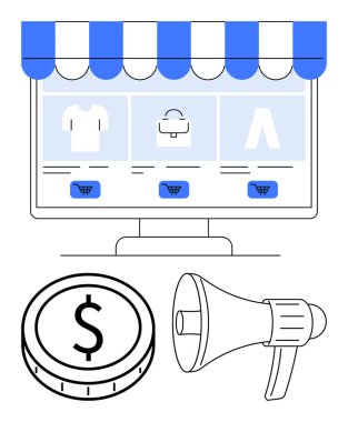 Ürün kategorileri, dolar paraları ve megafonla çevrimiçi mağaza arayüzü. Çevrimiçi alışveriş, dijital pazarlama, e-ticaret, perakende satış, ödeme sistemleri, iş stratejisi soyut çizgisi için ideal