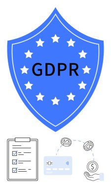 Yıldızlı kalkan ve GDPR metni veri gizliliğini simgeler. Ek unsurlar arasında kontrol listesi, kredi kartı ve döviz takas simgeleri yer alıyor. Siber güvenlik, yasal, finansal ve bankacılık için ideal