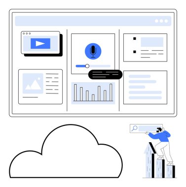 Video oynatıcı, ses tanıma ve veri analiz araçlarını gösteren dijital gösterge paneli. Arama yaparak büyüyen bir bar çizelgesi üzerinde duran adam. Teknoloji, veri analizi, iş dünyası ve web tasarımı için ideal