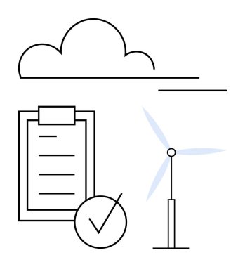Rüzgar türbini, bulut, pano kontrol listesi ve sürdürülebilirliği, yeşil enerjiyi, iklim hareketlerini temsil eden işaret. Ekolojik çözümler, yenilenebilir kaynaklar, temiz enerji hedefleri izlemek için ideal