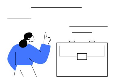 Kadın, kariyer planlamasını, başarıyı, mesleki gelişimi temsil eden büyük bir evrak çantasının yanında yukarı doğru hareket eder. İş arama, liderlik, strateji, işyeri, eğitim kariyer tavsiyesi için ideal