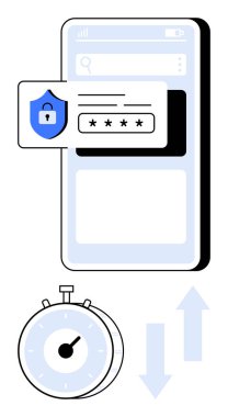 Güvenlik, verimlilik ve akış için parola girişi, kronometre ve veri oklarına sahip mobil cihaz. Kimlik doğrulama, uygulama güvenliği, zaman izleme, veri aktarımı şifrelemesi için ideal