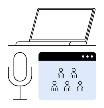 Laptop, mikrofon, tarayıcı ekranı, sanal toplantılar, sunumlar ve içerik oluşturma için kullanıcı simgeleri. Uzak çalışma, webinarlar, işbirliği çevrimiçi sınıflar için ideal ortam prodüksiyon podcastları