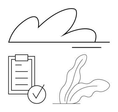 Siyah çizgili bulut, işaretli kontrol listesi ve yapraklar. Organizasyon, hedefler, görev takibi, verimlilik, çevre dostu temalar, minimalizm soyut metaforu için ideal