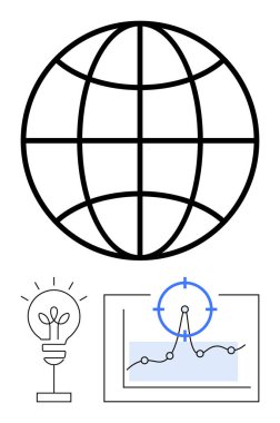 Küresel ızgara bağlantıyı temsil ediyor, büyüteç grafiğe odaklanıyor, ampul fikirleri sembolize ediyor. Küresel strateji, yenilik, araştırma, analitik, teknoloji, büyüme soyut çizgisi için ideal