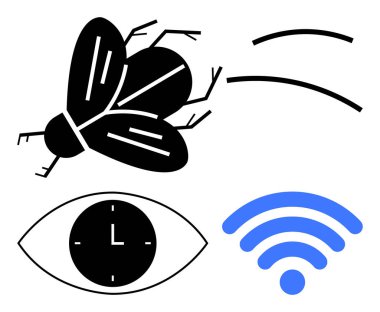 Hareket çizgileri olan ikon, göz içindeki saat ve mavi kablosuz sembol. Teknoloji, yenilik, bağlantı, gözetleme, zaman yönetimi biyomimikri dijital dönüşüm için ideal. Soyut çizgi