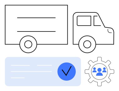 Teslimat kamyonu ana hatları, mavi işaretli mavi daire içinde mavi kullanıcı simgeleri olan bir form. Lojistik, dağıtım, takım çalışması, proje yönetimi, tedarik zinciri, nakliye sistemleri için ideal