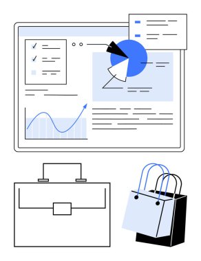 Ekranda gösterilen grafikler, pasta grafikleri ve raporlar. Bir evrak çantası işi simgeler, alışveriş torbaları ise perakendeciyi. Analiz, pazarlama, perakende ve e-ticaret raporları için ideal planlama