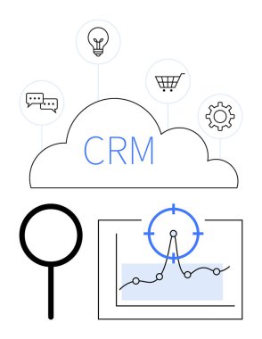CRM bulutu fikir simgeleri, sohbetler, alışveriş ve viteslerle çevrilidir. Büyüteç ve performans hedefli veri tablosuna odaklanmayı içerir. Veri analizi ve iş akışı yönetimi için ideal