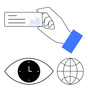 Elinde metin tutacağı olan bir kart var. Gözü ve saati olan küre küresel erişimi, zamanı ve görüşü simgeler. Kimlik, zaman dilimleri, küreselleşme, ağ oluşturma, teknoloji yönetimi soyut