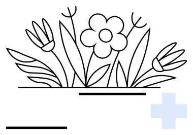 Çiçek ve bitkilerin siyah çizgi sanatı ince bir haç simgesi ile uyum içinde büyüyor. Sağlık, sağlık, tıbbi, doğa, büyüme, iyileşme, sürdürülebilirlik ve soyut düz metafor için idealdir.