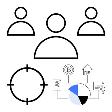 Üç kullanıcı simgesi, odaklanma hedefi, bağlı finansal semboller kripto para birimi, belge, gayrimenkul ve pasta grafiğini onaylıyor. Takım yönetimi, iş stratejileri ve finans yatırımları için ideal