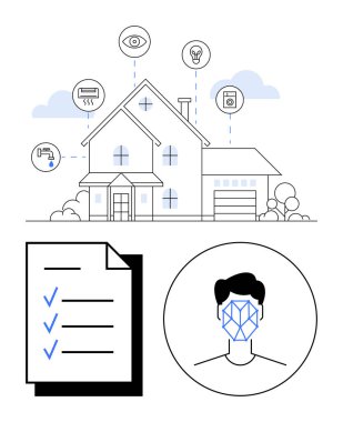 House connected to IoT devices, checklist for tasks, facial recognition icon. Ideal for home automation, security, efficiency, AI, IoT smart living technology concepts. Abstract line flat metaphor clipart