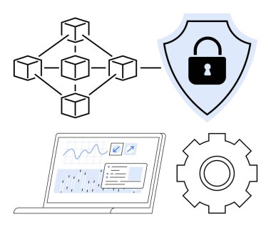 Kalkan kilidi simgesiyle bağlantılı blok zinciri düğümleri, veri eğilimlerini analiz eden dizüstü bilgisayarlar ve işlemleri temsil eden dişli tekerlekler. Teknoloji, güvenlik, engelleme zinciri, veri, analitik, otomasyon için ideal
