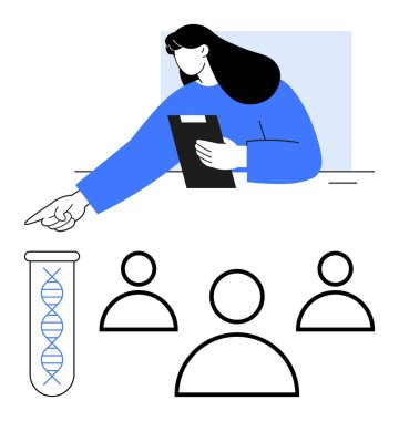 Elinde pano tutan kişi DNA ve bir grup figürle test tüpüne doğru hareketler yapıyor. Genetik, bilim, araştırma, laboratuvar çalışmaları, takım çalışması, eğitim ve soyut düz çizgi metaforu için ideal