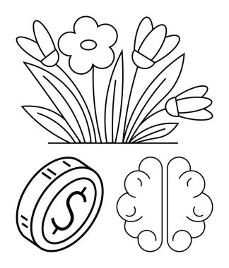 Yapraklı çiçekler, bir dolar bozuk para ve kavramsal olarak birbirine bağlı bir beyin çizgisi. Finans, büyüme, yaratıcılık, yenilik, doğa, sürdürülebilirlik eğitimi için ideal soyut çizgi düz metafor