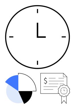 Zaman için büyük bir saat, mavi ve siyah bölümler halinde pasta tablosu dolar işareti ve saat rozetli finans sertifikası. Üretkenlik, verimlilik, finans, planlama, zamanlama, zaman izleme için ideal
