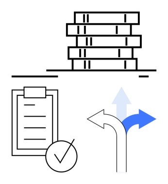 Yığınlanmış kitaplar, işaretli bir kontrol listesi ve seçenekleri sembolize eden yön okları. Eğitim, planlama, karar verme, organizasyon, öğrenme, rehberlik veya soyut düz çizgi için ideal