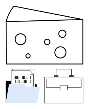 Delikli peynir, ikili kod kağıtlı bir dosya klasörü ve bir evrak çantası. Veri depolama, iş organizasyonu, iş akışı, üretkenlik, soyutlama, yaratıcılık soyut çizgi düz metafor için ideal