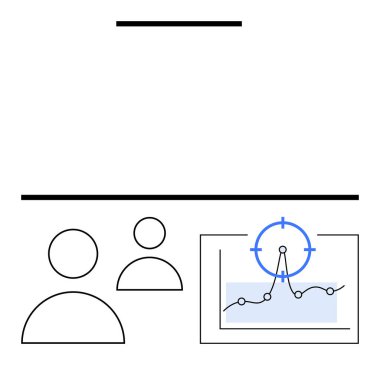 Minimalist insan grafiği ve hedef noktası olan bir tablo. Takım çalışması, veri içgörüsü, stratejik hizalama, hedef belirleme, analitik, liderlik ve yenilik için ideal. Soyut satır düzlüğü