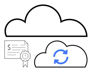 Bulut ana hatları veri senkronizasyon okları, mali detayları ve sertifika kurdelesi olan belgeler. Bulut hesaplama, veri yönetimi, finans, sertifika, teknoloji, dijital için ideal