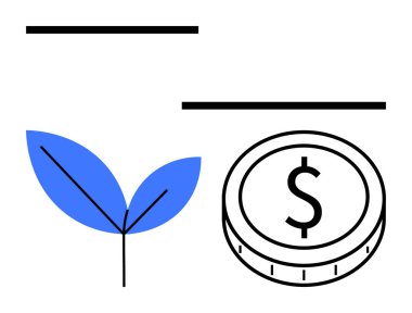 Üzerinde dolar işareti olan bir madeni paranın yanında mavi filizlenen bitki yaprağı büyümeyi, sürdürülebilirliği ve finansal başarıyı simgeliyor. Finans için ideal, çevre dostu iş, yatırımlar, yenilik, yeşil