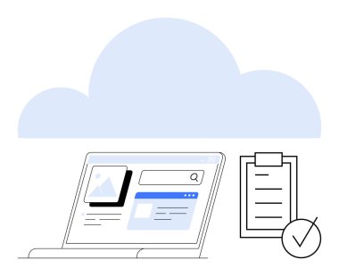 Bulut, kontrol listesi ve kontrol işareti altında veri arayüzü olan bir dizüstü bilgisayar. Bulut hesaplama, veri depolama, görev yönetimi, üretkenlik, teknoloji iş akışları, uzak çalışma içgörüleri soyut çizgi için ideal