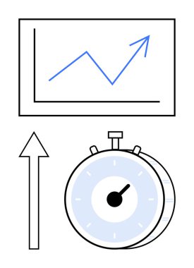 Kronometre ve yukarı doğru ok büyüme grafiğinin altında hız, verimlilik ve ilerlemeyi gösteriyor. Zaman yönetimi, üretkenlik, hedef belirleme, performans izleme, başarı, analitik soyut çizgi için ideal