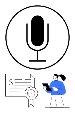 Dijital mikrofon ikonu, mühürlü sertifika, tablet tutan kişi. Podcasting, ses mühendisliği, sertifika, dijital içerik oluşturma, çevrimiçi öğrenme, multimedya için ideal