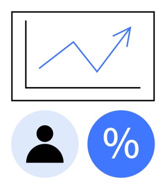 Yükselen trend çizelgesi, siyah kullanıcı simgesi, mavi yüzde sembolü. Ticari büyüme, veri analizi, finans, performans ölçümleri, kullanıcı katılımı, piyasa eğilimleri için ideal soyut çizgi