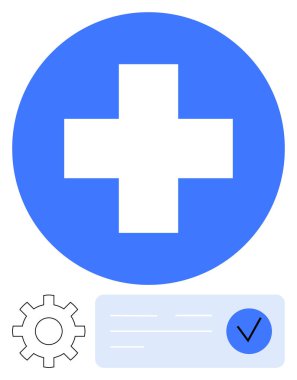 Mavi tıbbi haç, ayarlar ve doğrulama işaretleri. Sağlık başvuruları, tıbbi siteler, hasta yönetimi, sağlık hizmetleri, tıbbi kayıtlar, hastane için ideal