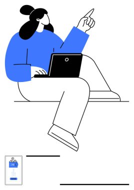 Dizüstü bilgisayarla çalışan kadın, fikirleri ya da hedefleri öneriyor. Küçük telefon ekranında uygulama verileri var. Yaratıcılık, üretkenlik, teknoloji, yenilik, uzaktan çalışma, soyut çizgi öğrenme için ideal