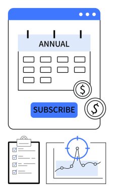Yıllık takvimde abonelik düğmesi ve ödeme simgeleri işaretlendi. Kontrol listesi ve veri tablosunu içerir. İş, finans, planlama, abonelik, organizasyon, analitik, soyut çizgi için ideal