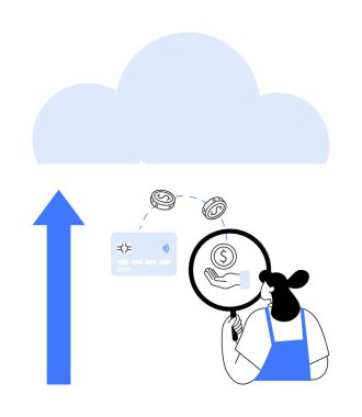 Kredi kartı ve el ele tutuşan para ve bulut gibi finansal ikonları araştırmak için büyüteç kullanan bir kadın. Finans, dijital bankacılık, bulut hesaplama ve para transferi için ideal