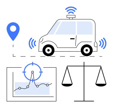 Otomobil sürücüsünün sinyal yayması, performans takibi için veri grafiği ve etik dengeyi sembolize eden ölçekler. AI taşımacılığı, teknoloji, etik, hukuk, otomasyon için ideal