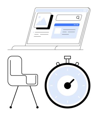 Açık web tarayıcı minimalist koltuğu ve kronometresi olan bir laptop. Verimlilik, verimlilik, zaman yönetimi, çalışma istasyonları, ofis düzenlemeleri, modern tasarım, dijital görevler için idealdir. Satır metaforu