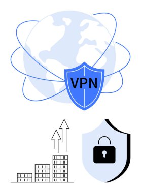 Dünya bir VPN kalkanıyla çevrili, güvenlik için kilit simgesi ve çubuk grafiklerinin üzerinde büyüyen oklar. Siber güvenlik, veri koruması, mahremiyet, İnternet güvenliği, küresel iletişim ve teknoloji büyümesi için ideal