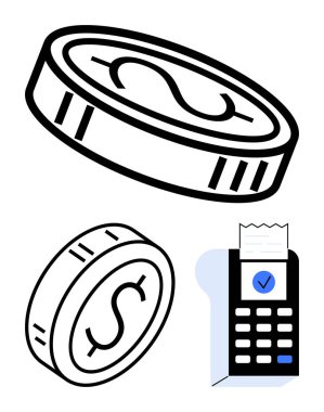 Kart okuyucunun yanında işaretli bir makbuz olan bozuk paralar. E-ticaret, fintech, bankacılık, tasarruf, ödeme işlemleri, nakitsiz toplum, soyut düz metafor için ideal