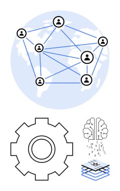 Dünya haritası bağlı kullanıcı simgeleri, otomasyon için vites sembolü, veri transferli beyin ve teknoloji yığını ile örtülmüş. Küresel ağ, yapay zeka sistemleri, otomasyon, makine öğrenimi, iş için ideal