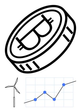 Bitcoin madeni para, yükselen noktaları olan çizgi çizelgesi ve temaları birleştiren rüzgar türbini kripto para, yenilenebilir enerji ve finansal büyümeyi işaret ediyor. Finans, ekoloji, trendler, sürdürülebilirlik için ideal